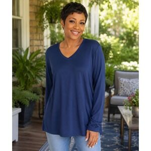 Uratot Womens XXL Navy‎ Blue V-Neck Long Sleeve Tunic Top Stretch Jersey Tee